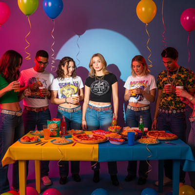 A group of people at a 2000s-themed party with balloons, a colorful table laden with snacks, and everyone dressed in era-appropriate attire.