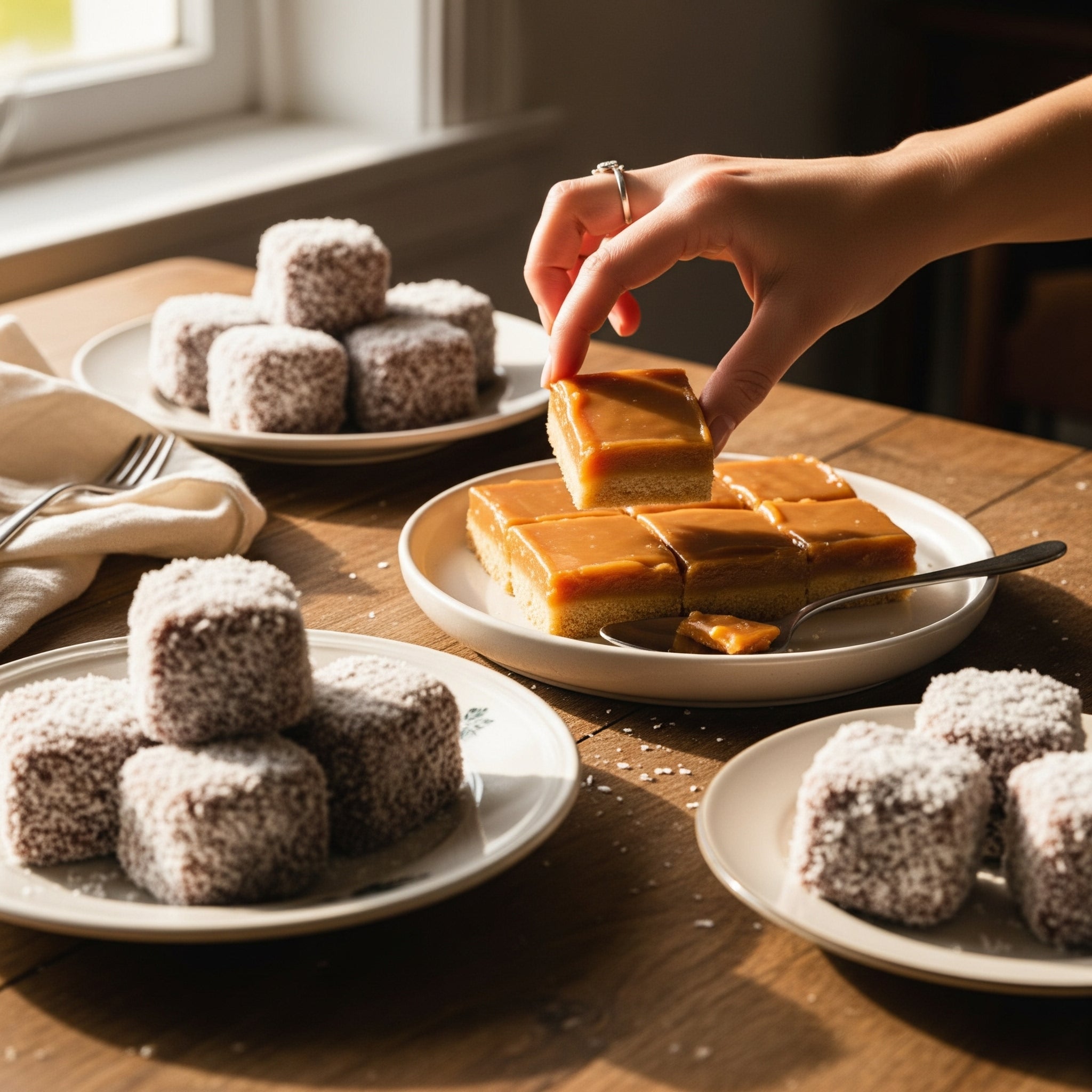 A hand reaches for a caramel-topped square dessert on a wooden table, surrounded by plates of chocolate and coconut-dusted cube-shaped cakes.