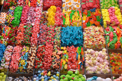 Various colorful lollies in lolly shop.