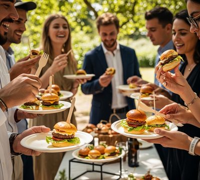 Group of friends enjoying chatting and eating catering food, mini burgers.