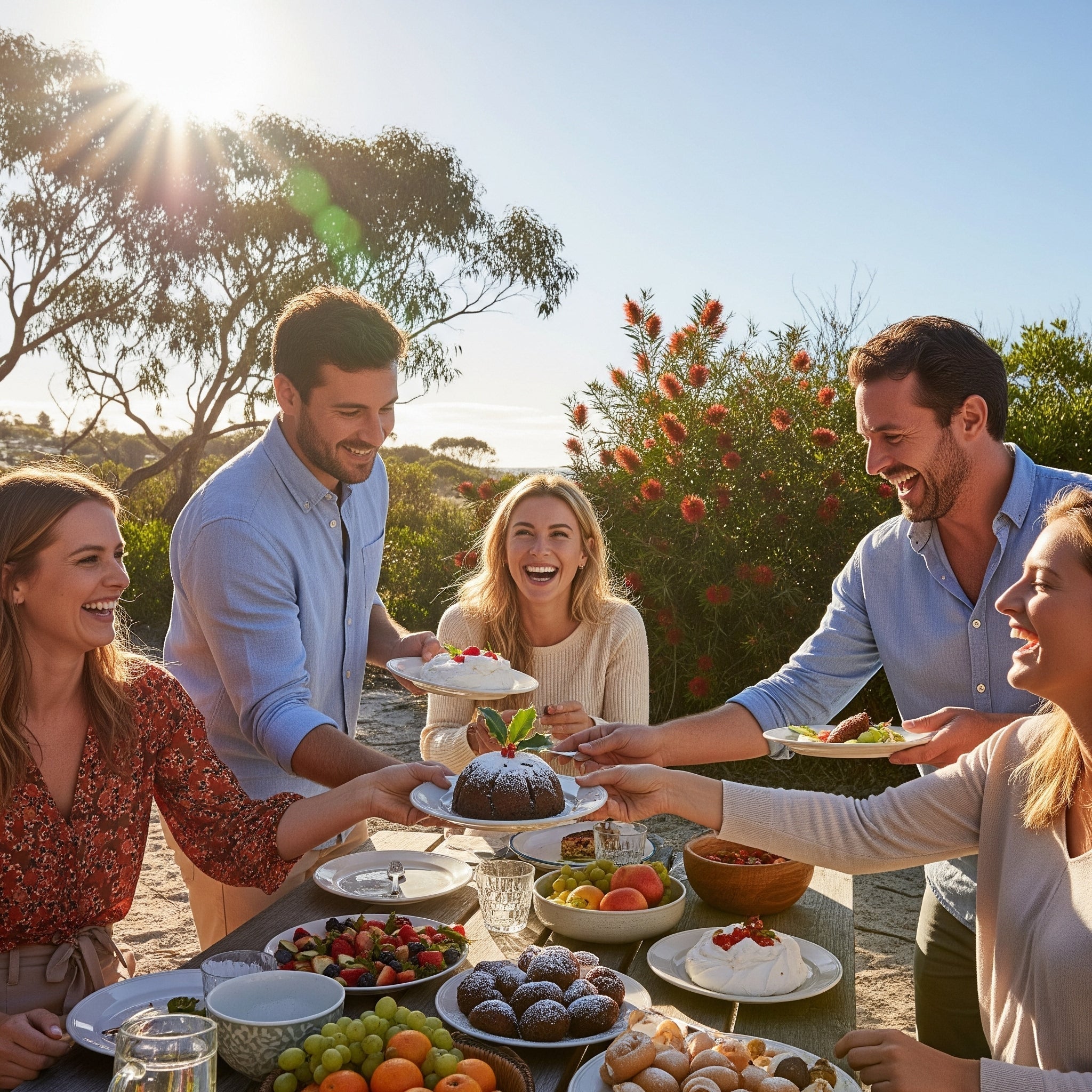 A group of friends sitting around a table laden with various desserts, laughing and enjoying their Christmas meal.