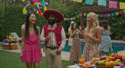 Outdoor Mexican-themed party with colorful papel picado, food, and guests in festive attire.