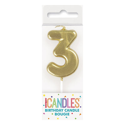 Mini Gold No. 3 Numeral Pick Candles