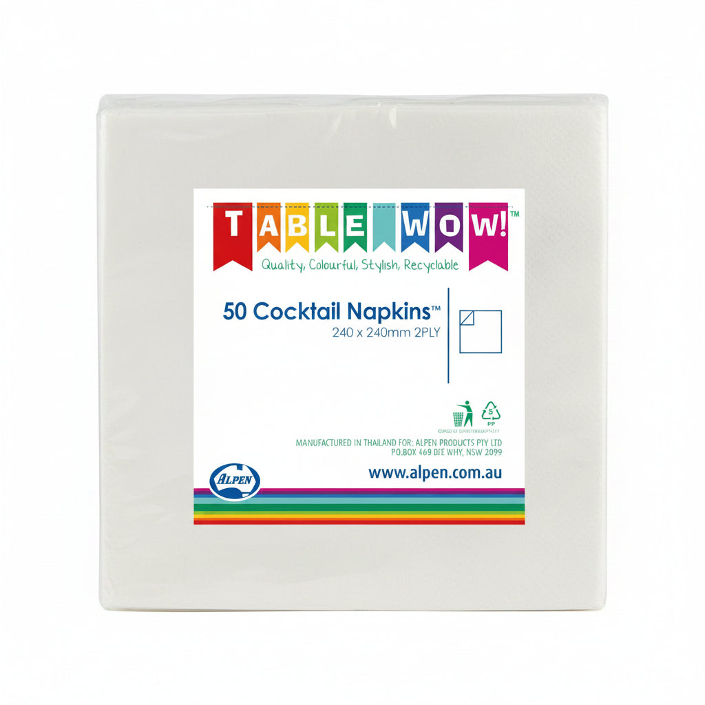 White Cocktail Napkins 2ply 24x24cm 50pk