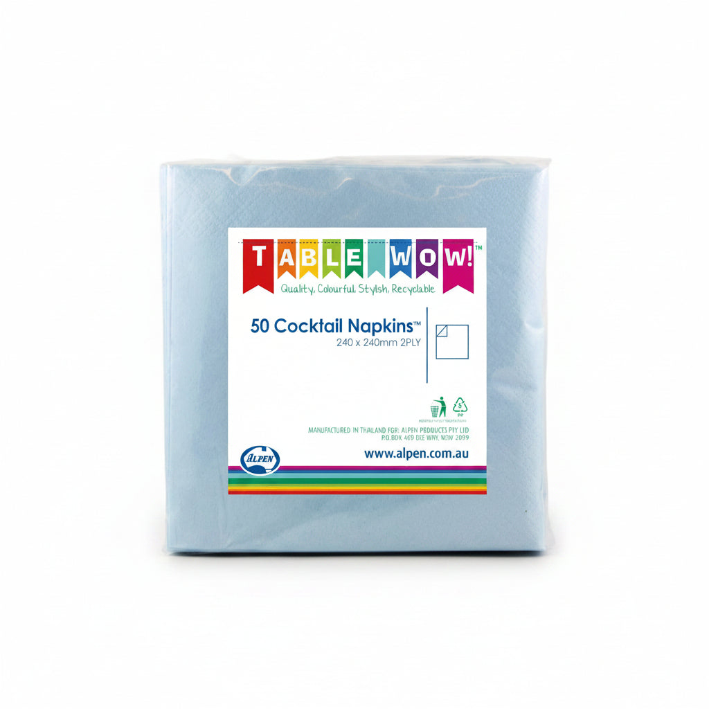 Light Blue Cocktail Napkins 2ply 24x24cm 50pk