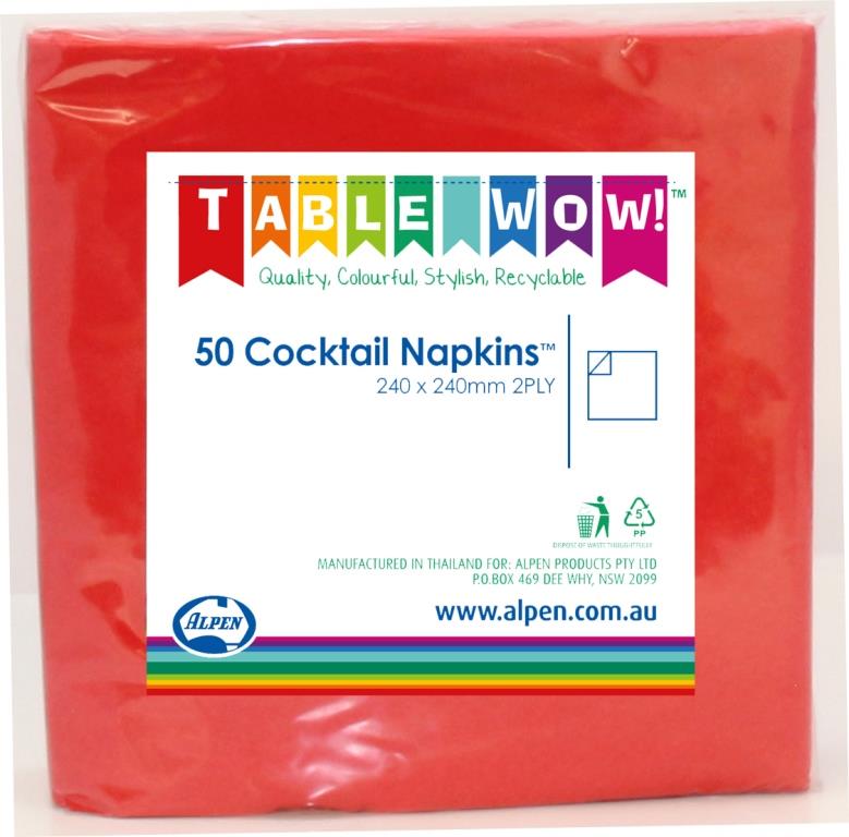 Red Cocktail Napkins 2ply 24x24cm 50pk