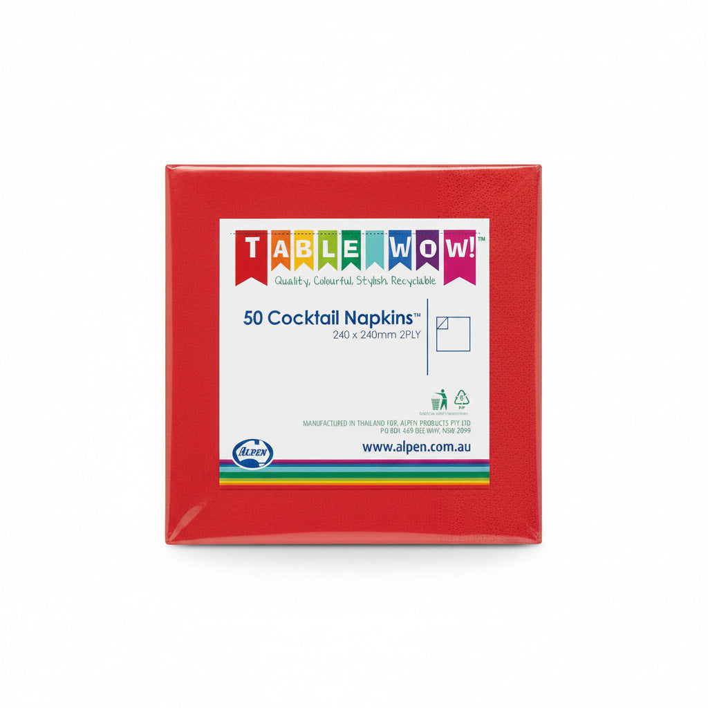 Red Cocktail Napkins 2ply 24x24cm 50pk