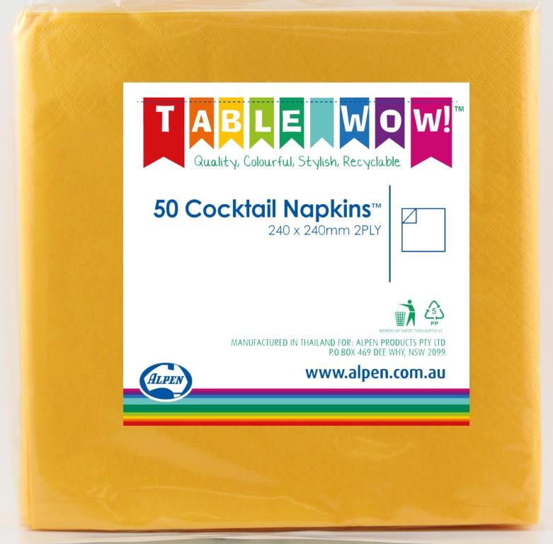 Yellow Cocktail Napkins 2ply 24x24cm 50pk
