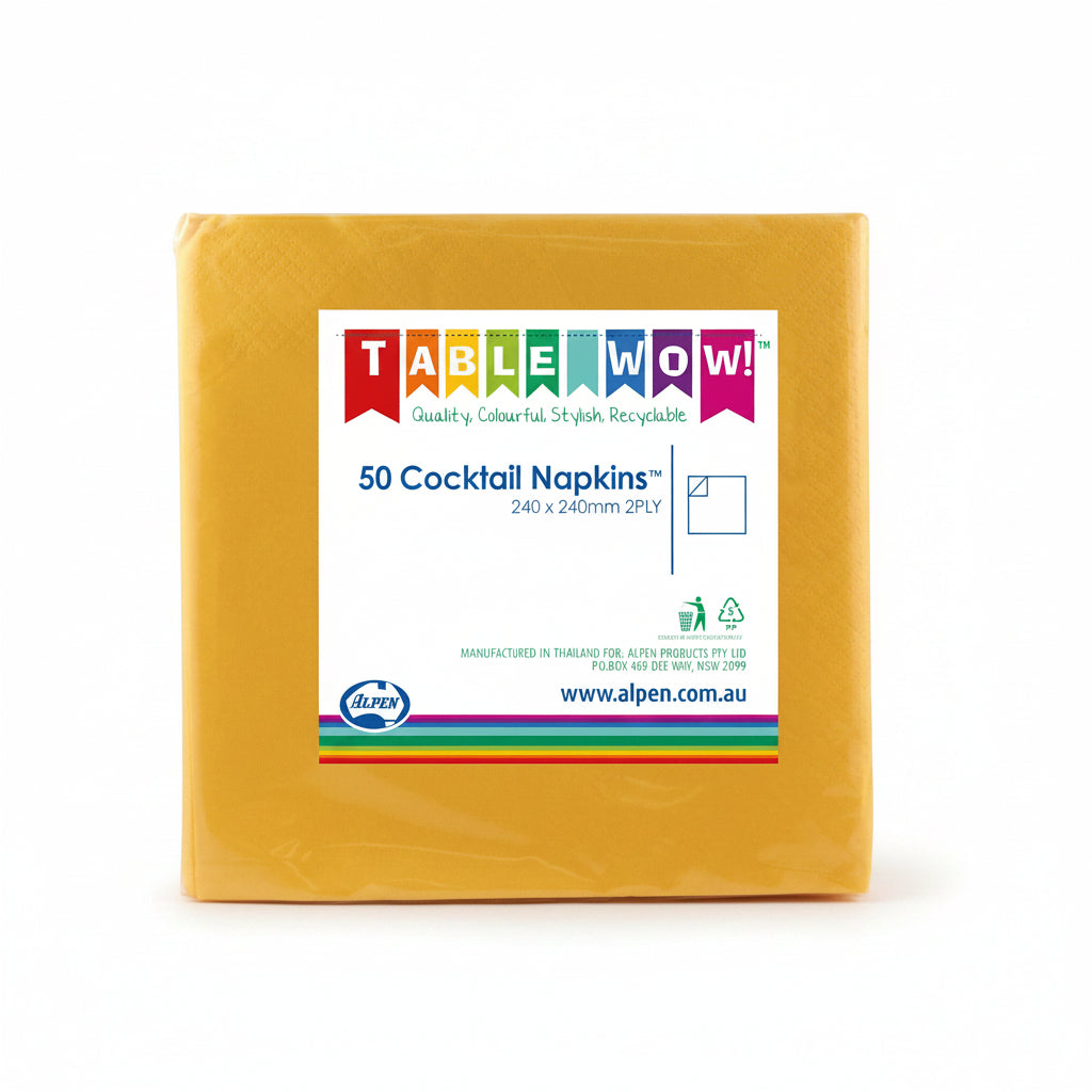 Yellow Cocktail Napkins 2ply 24x24cm 50pk