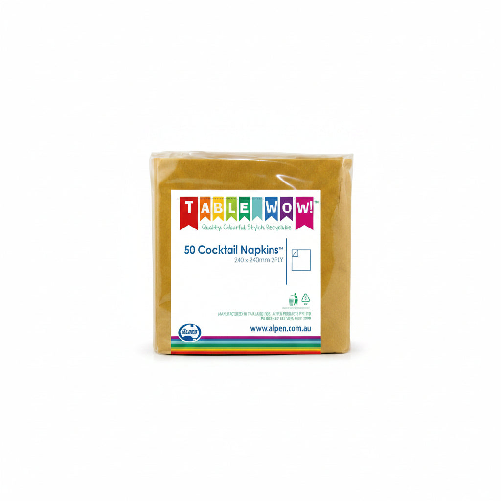 Gold Cocktail Napkins 2ply 24x24cm 50pk