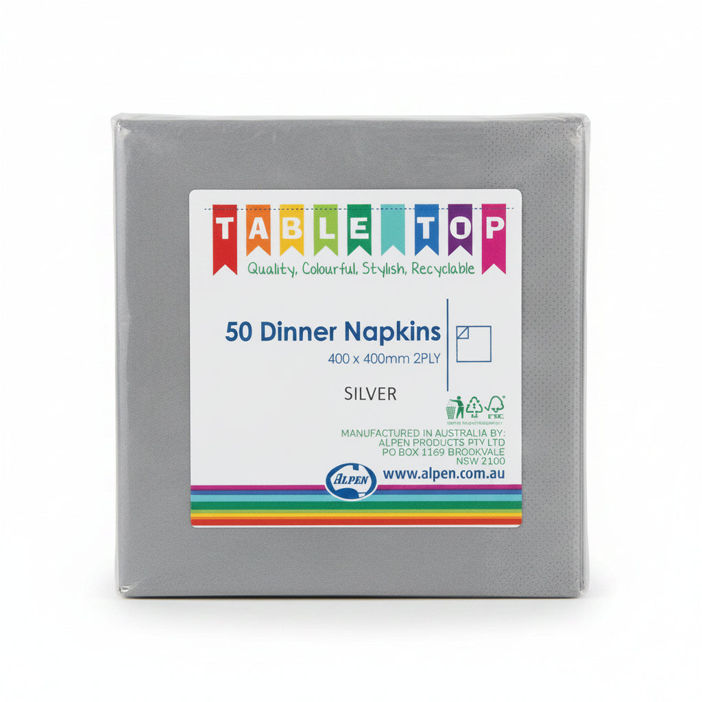 Silver Dinner Napkins 2ply 40x40cm 50pk