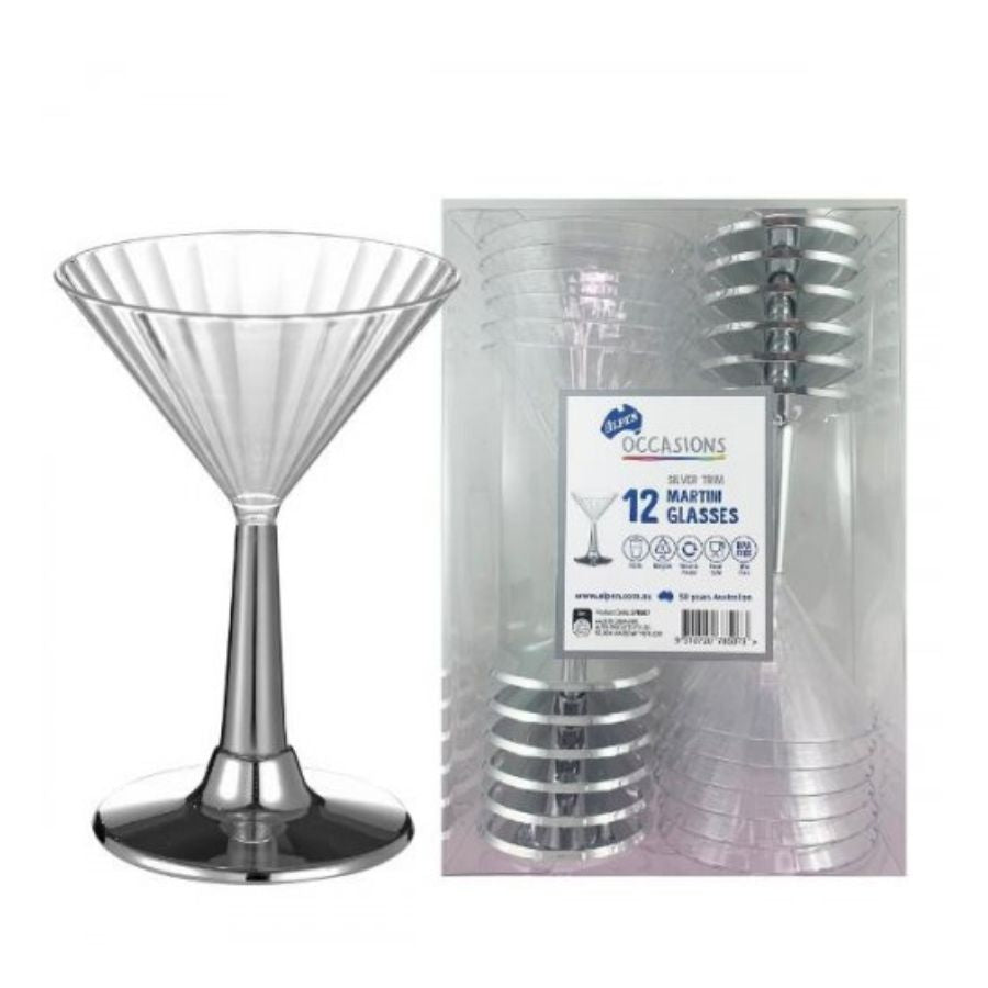 12pk Silver Trim Plastic Martini Glass 175ml
