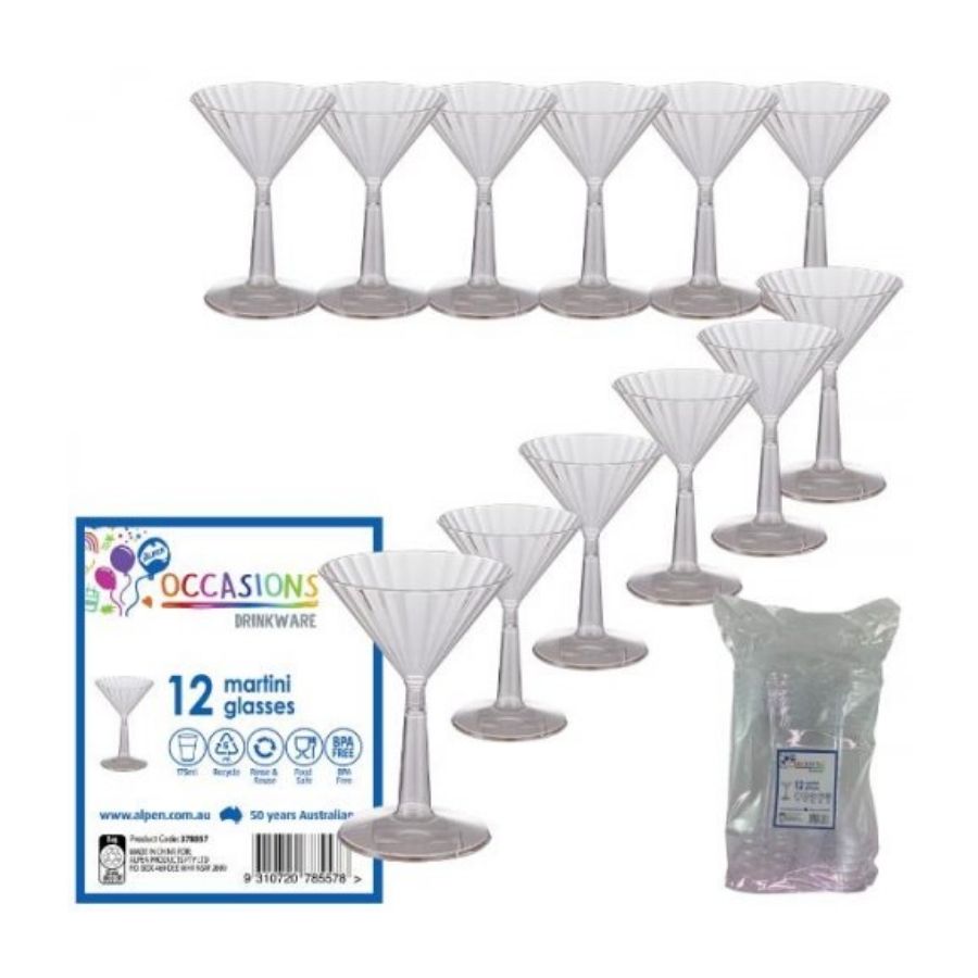 12pk Clear Plastic Martini Glass 175ml