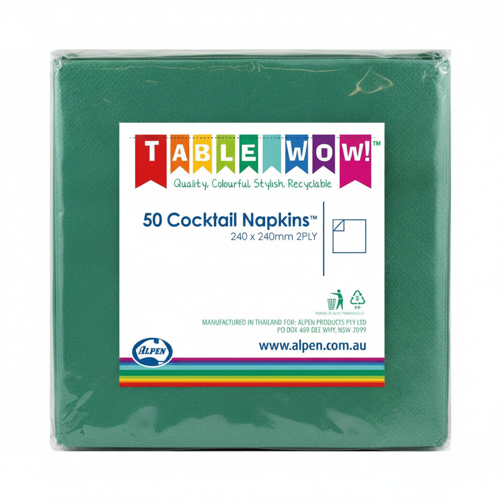 Green Cocktail Napkins 2ply 24x24cm 50pk