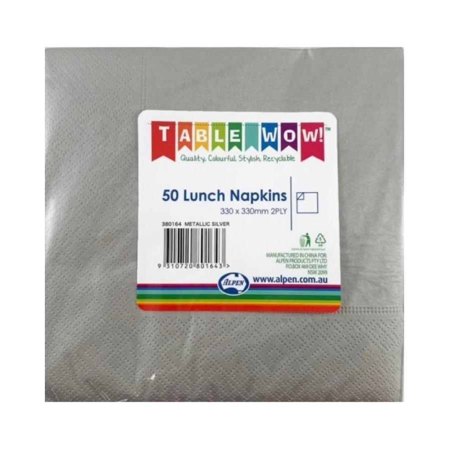 Metallic Silver Lunch Napkins 33x33cm 50pk