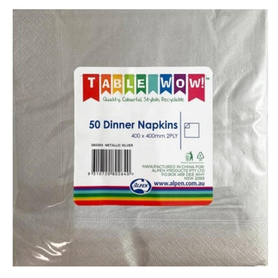 Metallic Silver Dinner Napkins 2ply 40x40cm 50pk