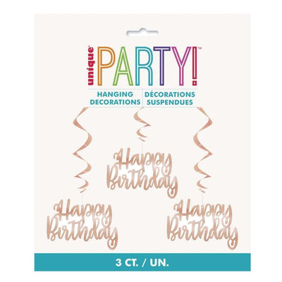 Rose Gold Foil Happy Birthday Hanging Decoration 81cm 3pk