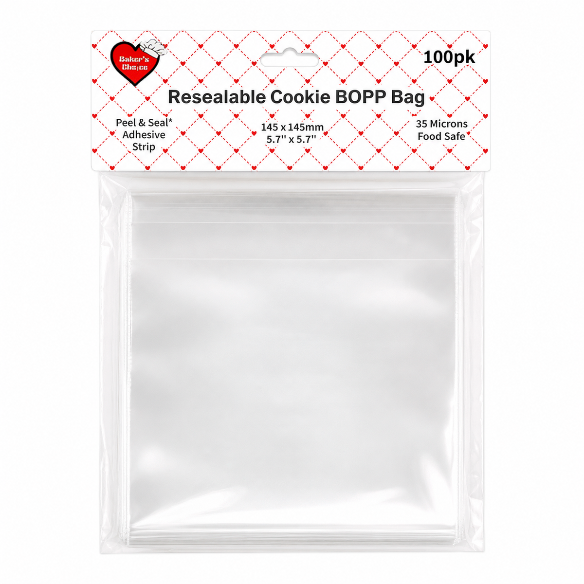 100pk Food Grade BOPP Peel & Seal Cookie Bags 145x145mm 35um