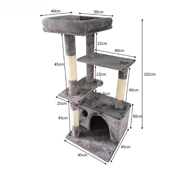 Purrfect Multi Level Cat Scratching Pole 45x45x102cm (Grey or Brown)