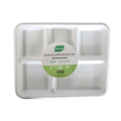 Sugarcane 5x Compartment Deep Lunch Tray 26x22cm 30pk