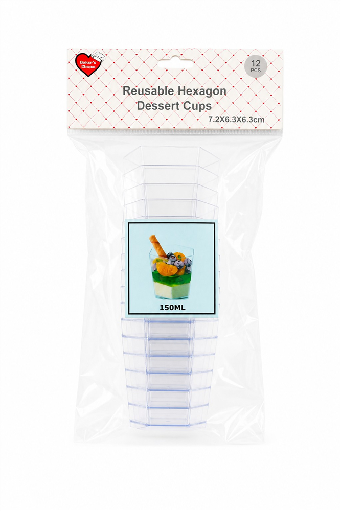 12pk Dessert Cups Hexagon 150ml 7.2x6.3x6.3cm
