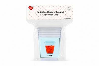 6pk Dessert Cups Square With Lids 230ml 7.2x7.2x7.2cm