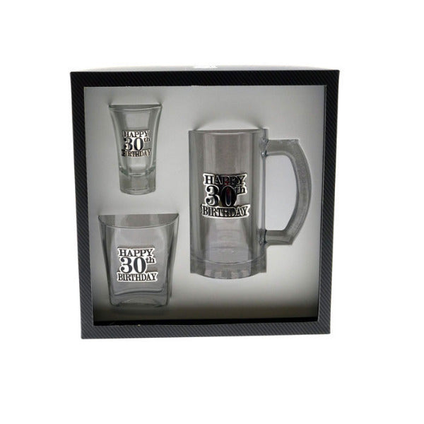 Set of 3 30th Birthday Badged Shot, Scotch & Beer Glass