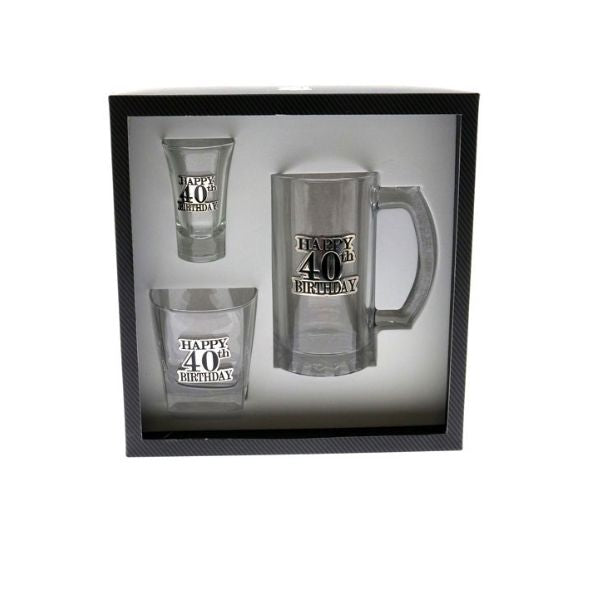 Set of 3 40th Birthday Badged Shot, Scotch & Beer Glass