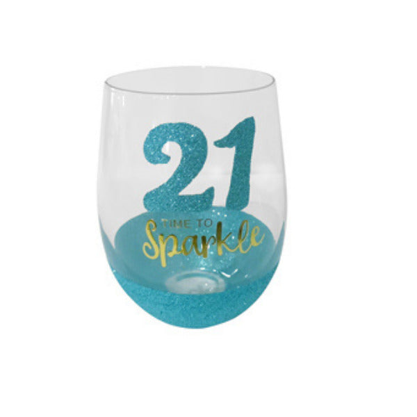 21st Birthday Stemless Mint Sparkle Wine Glass