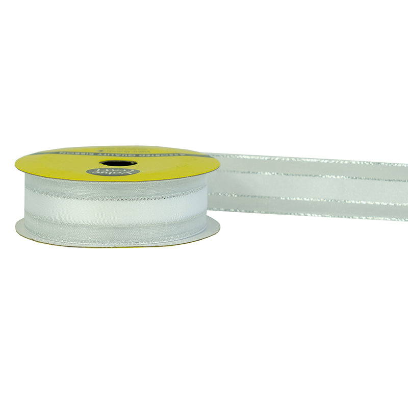 22mm White & Silver Sheer Edge Satin Ribbon 4m