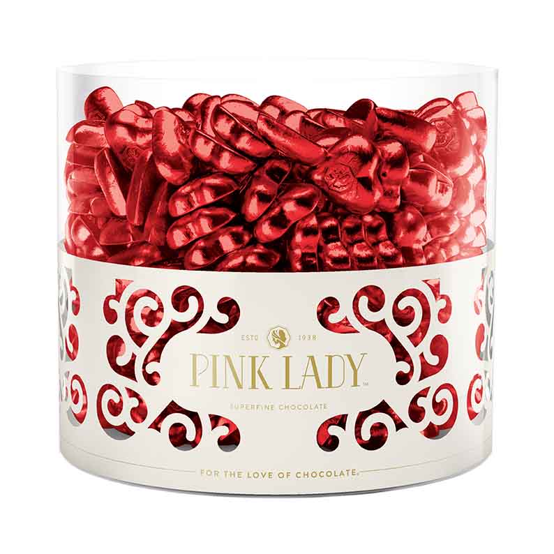 250pk Red 8g Premium Milk Chocolate Pink Lady Foil Hearts in a Tub