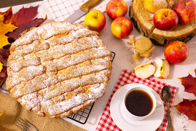 Delicious apple pie on the kitchen table.