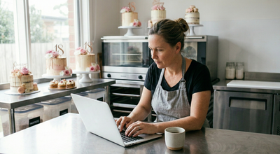 Woman calculating cake prices in the professional kitchen.