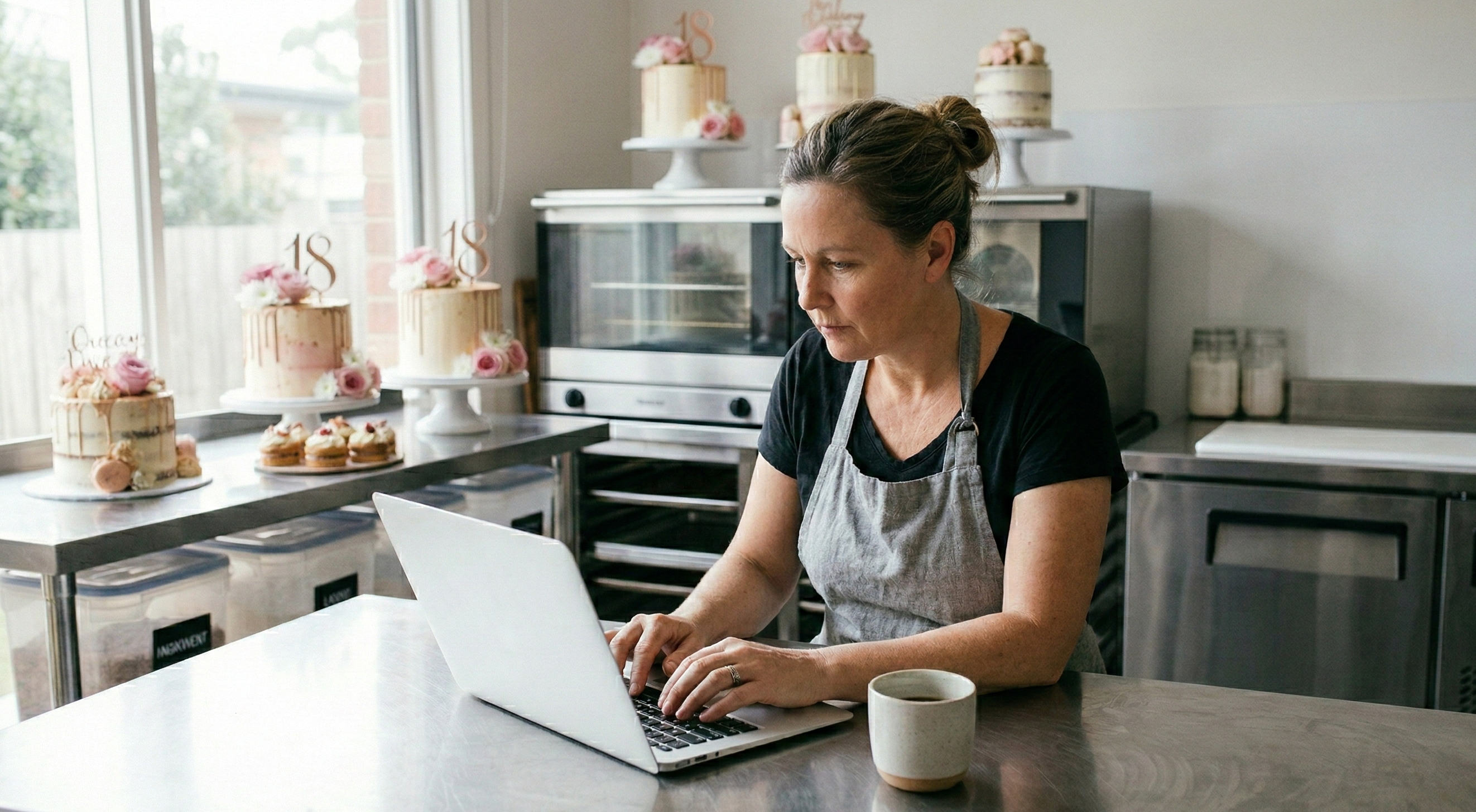 Woman calculating cake prices in the professional kitchen.