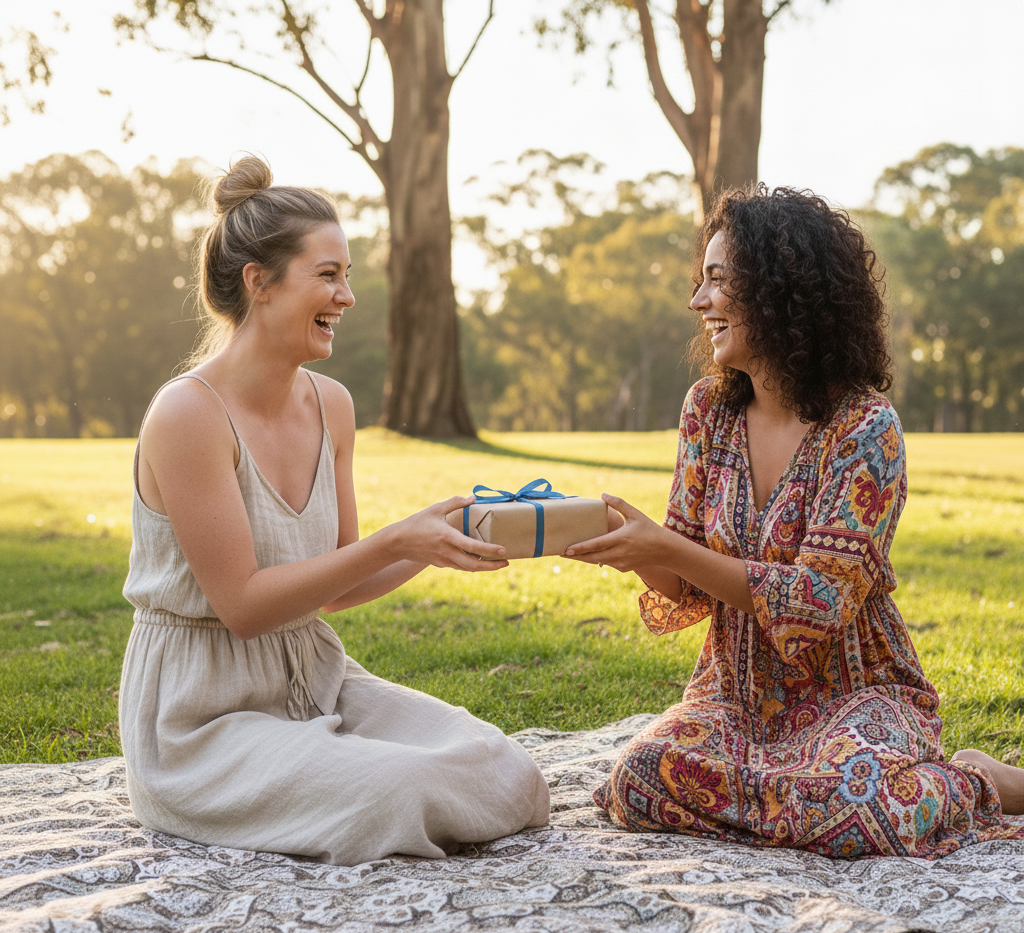 Two women sitting on a blanket in a park, exchanging a gift.