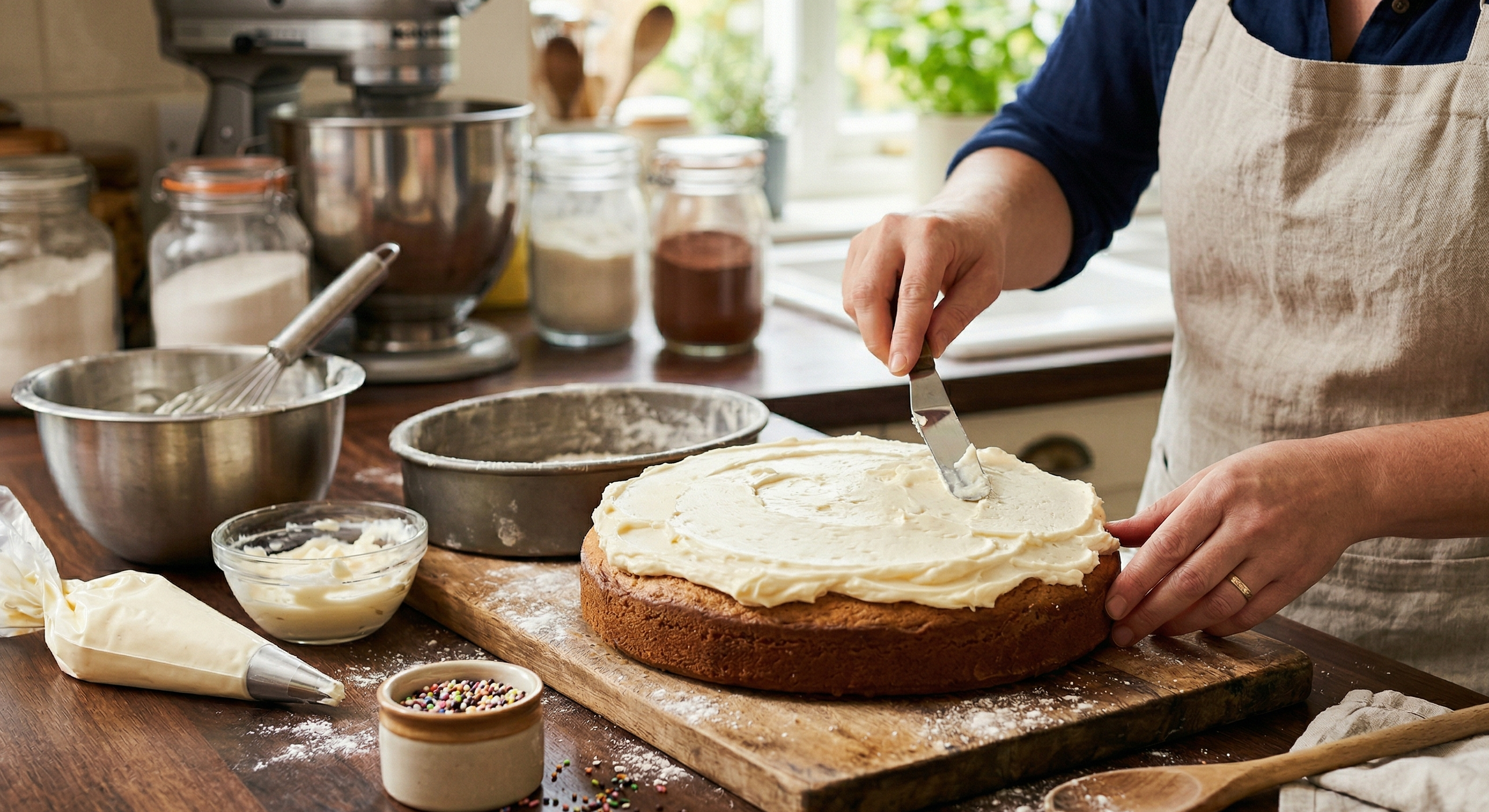 Person frosting a cake in a kitchen setting with various baking utensils and ingredients.