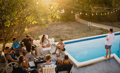 Friends gathered in a party by the pool