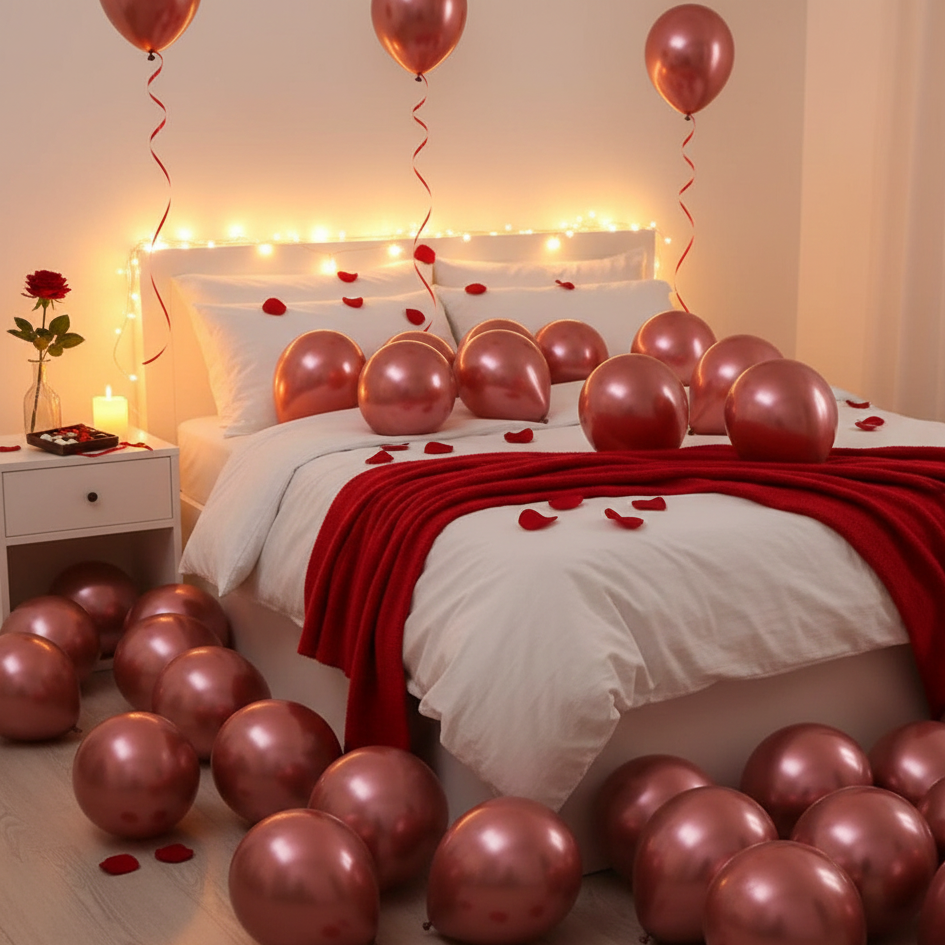 Decorative bedroom for Valentine's Day with rose gold balloons, red roses, and fairy lights.