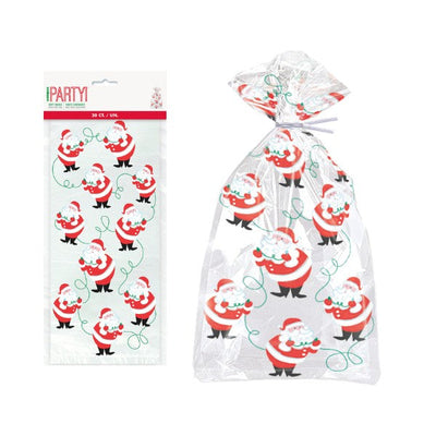 Santa Claus Printed Cello Bags with Twist Ties 28x13cm 20pk