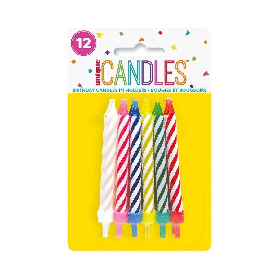 Assorted Colours Spiral Candles with Holders 12pk