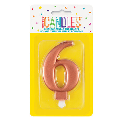 Metallic Rose Gold No. 6 Numeral Candle