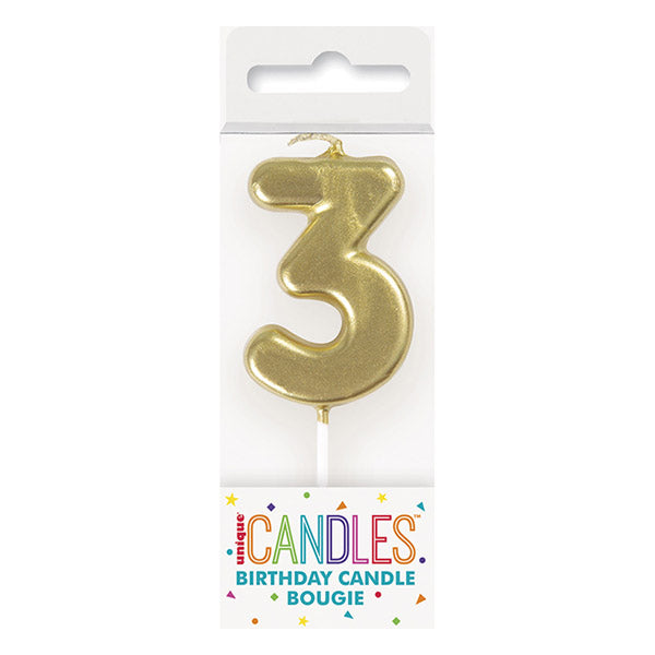 Mini Gold No. 3 Numeral Pick Candles