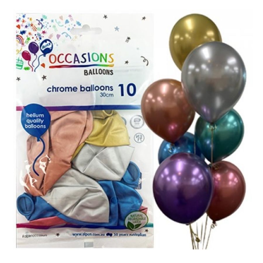 10pc Assorted Colours Chrome Latex Balloons 30cm
