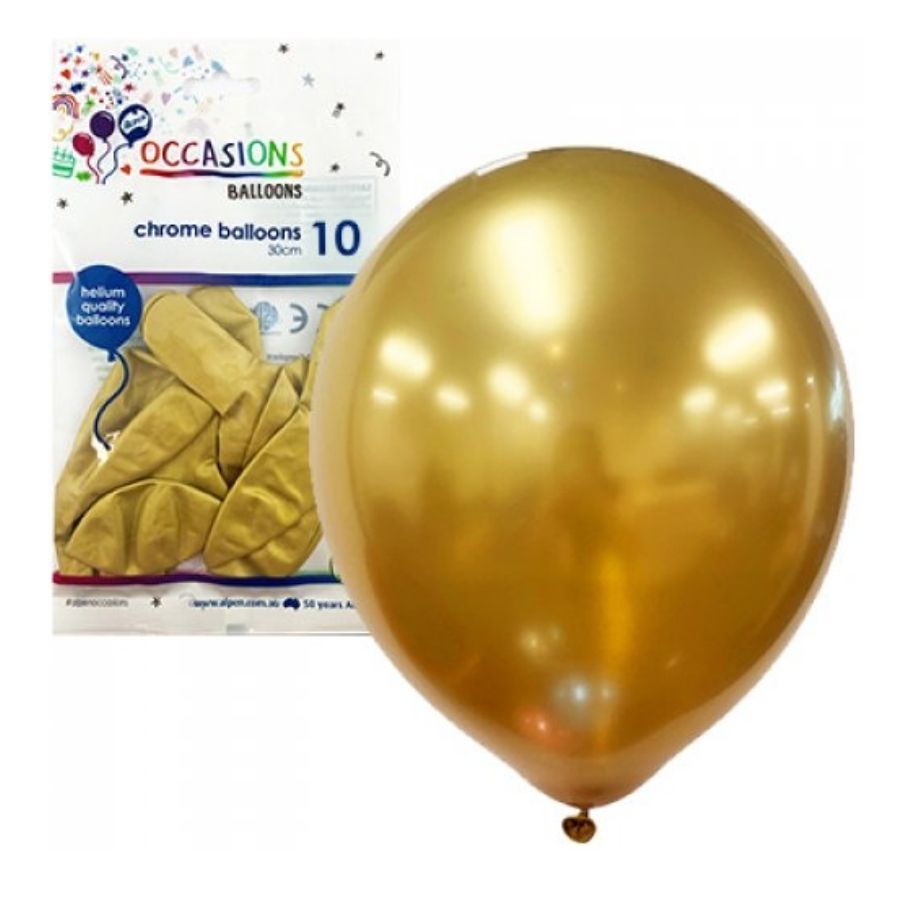 10pk Gold Chrome Latex Balloons 30cm