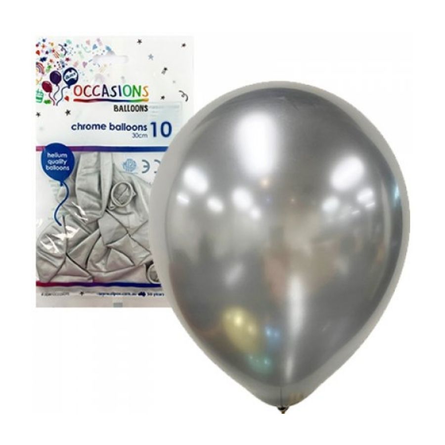 10pk Silver Chrome Latex Balloons 30cm