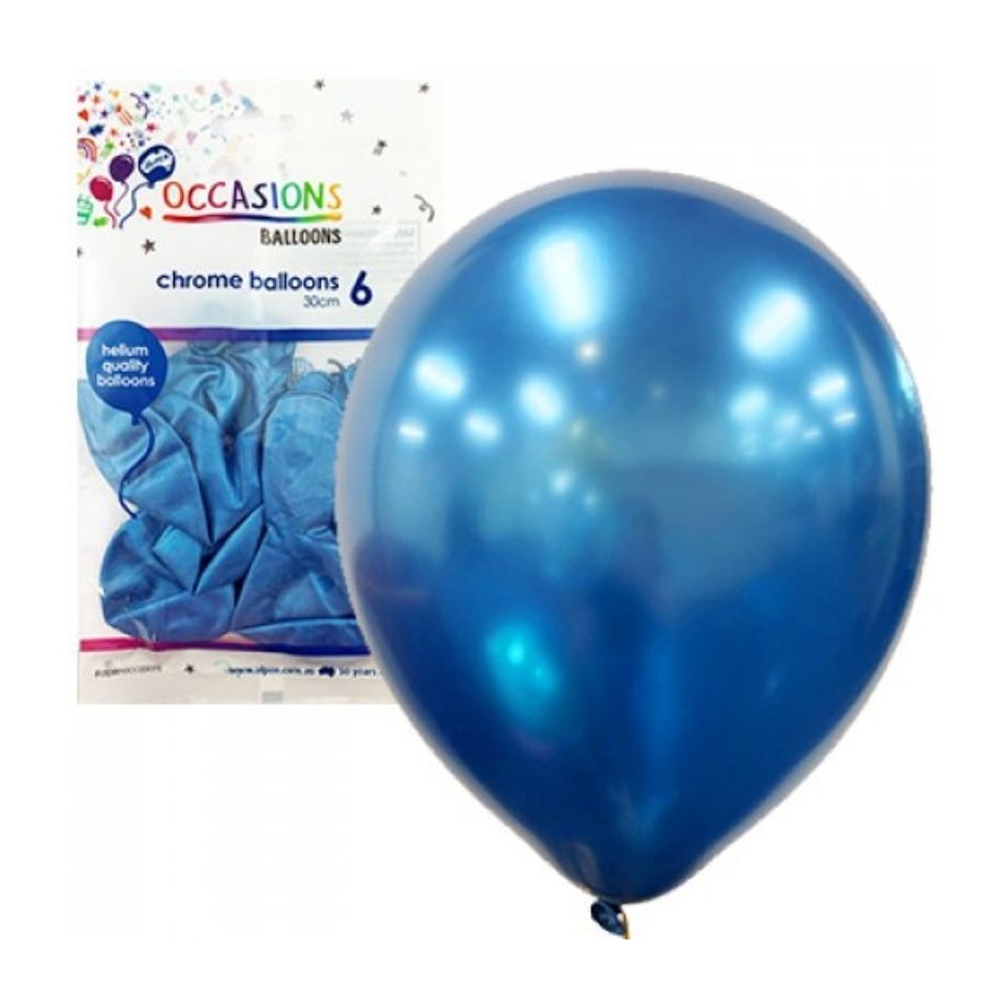 6pk Blue Chrome Latex Balloons 30cm