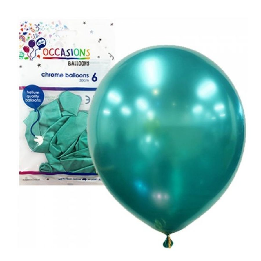 6pk Green Chrome Latex Balloons 30cm