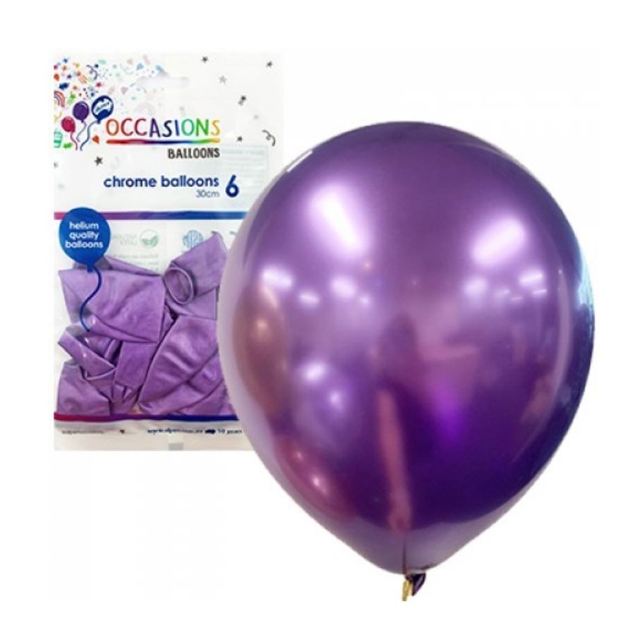 6pk Purple Chrome Latex Balloons 30cm