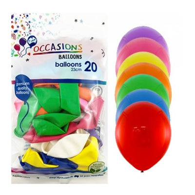 20pk Round Mixed Colours Standard Latex Balloons 23cm