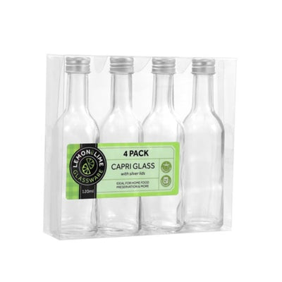 120ml Long Neck Capri Glass Mini Bottle with Silver Lid 4pk